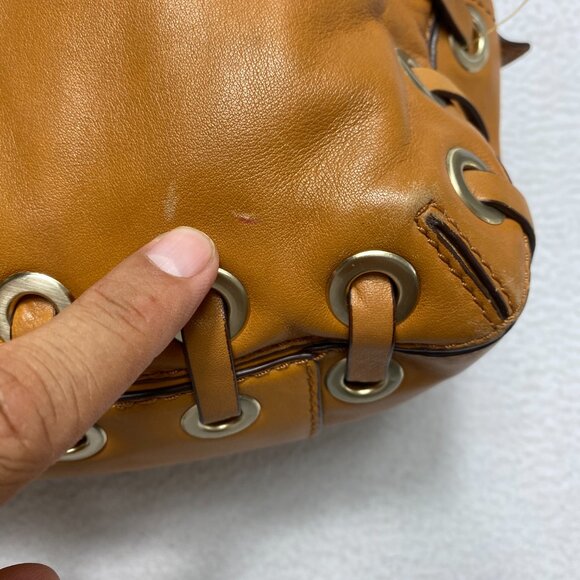 VINTAGE Michael Kors ASTOR BRAID Handbag Camel Leather Grommet Satchel Y2K - Picture 9 of 15